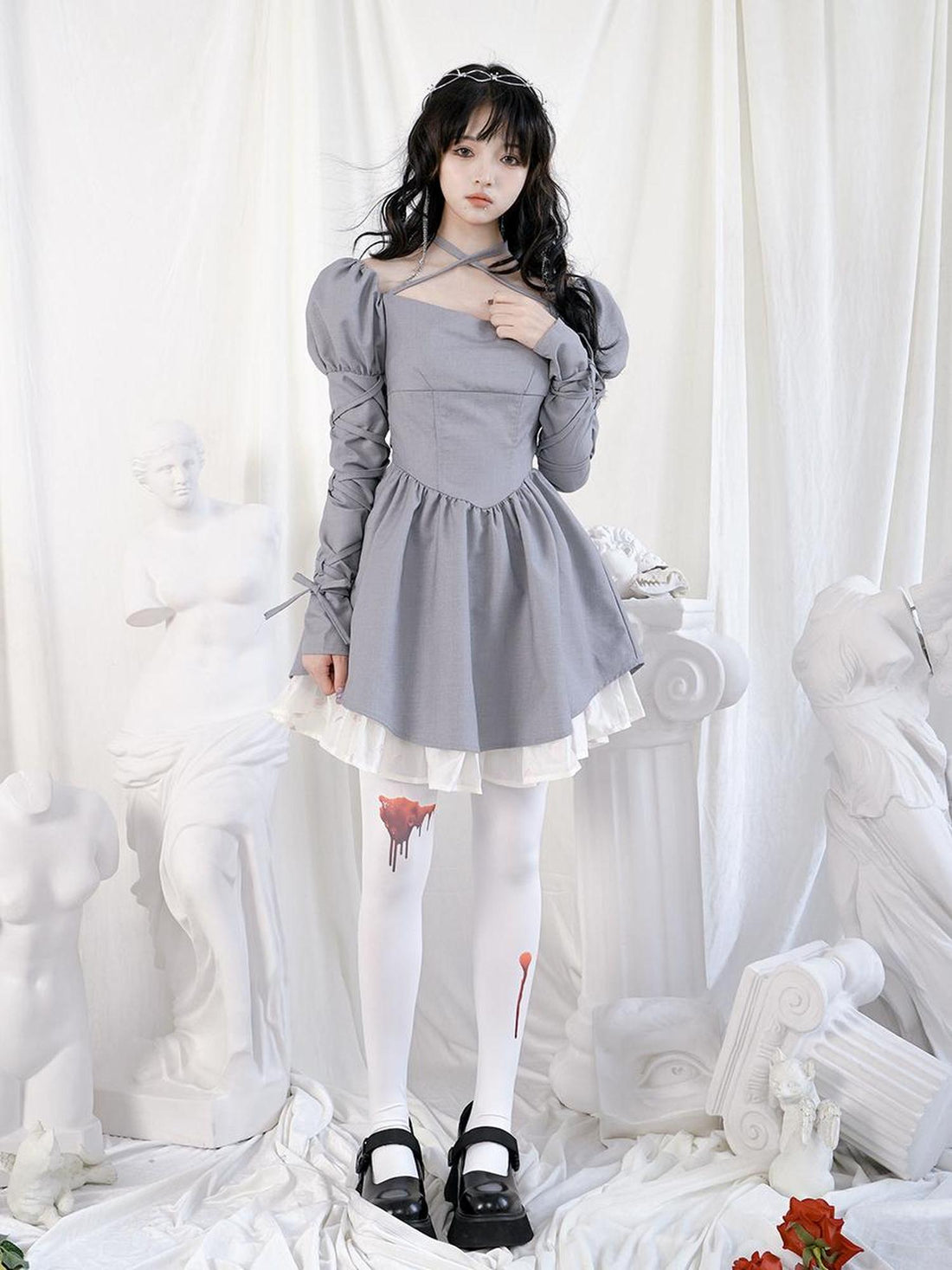 Daytoday Double Layer Bow Tie Bubble Sleeve Dress With Flared Hem