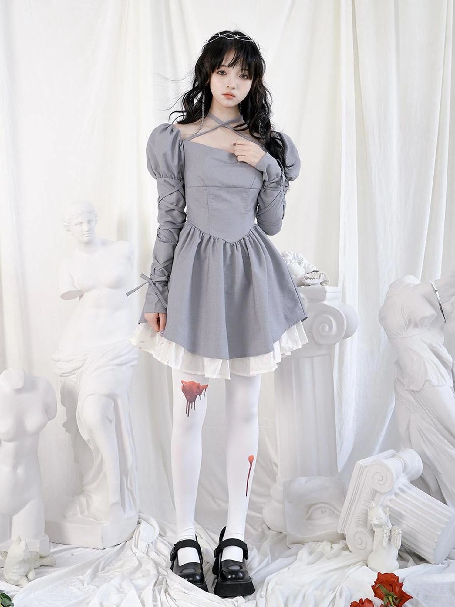 Double Layer Bow Tie Bubble Sleeve Dress With Flared Hem