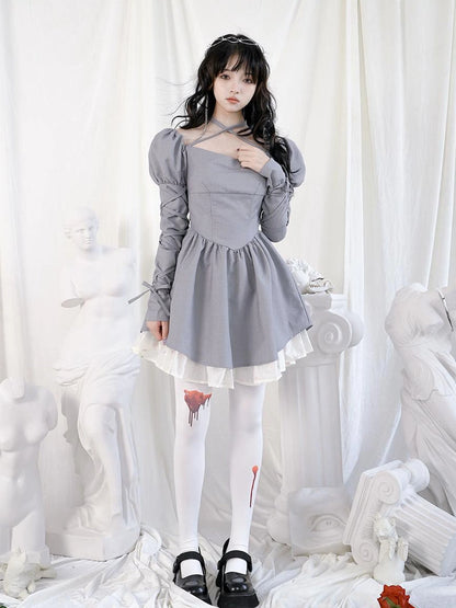 Double Layer Bow Tie Bubble Sleeve Dress With Flared Hem