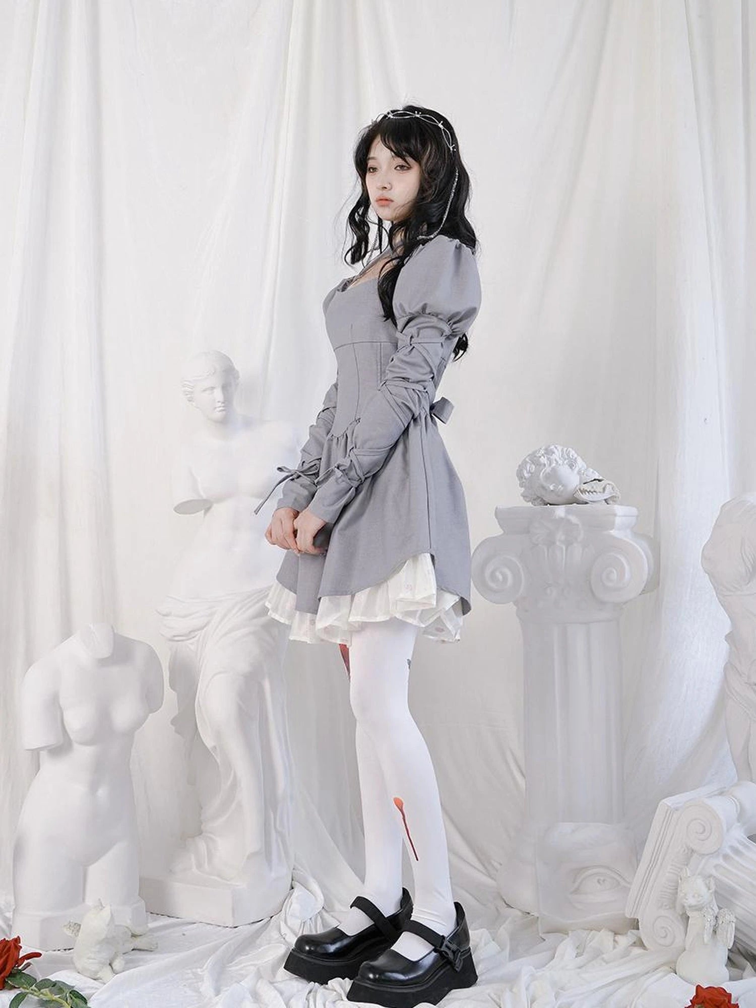 Double Layer Bow Tie Bubble Sleeve Dress With Flared Hem