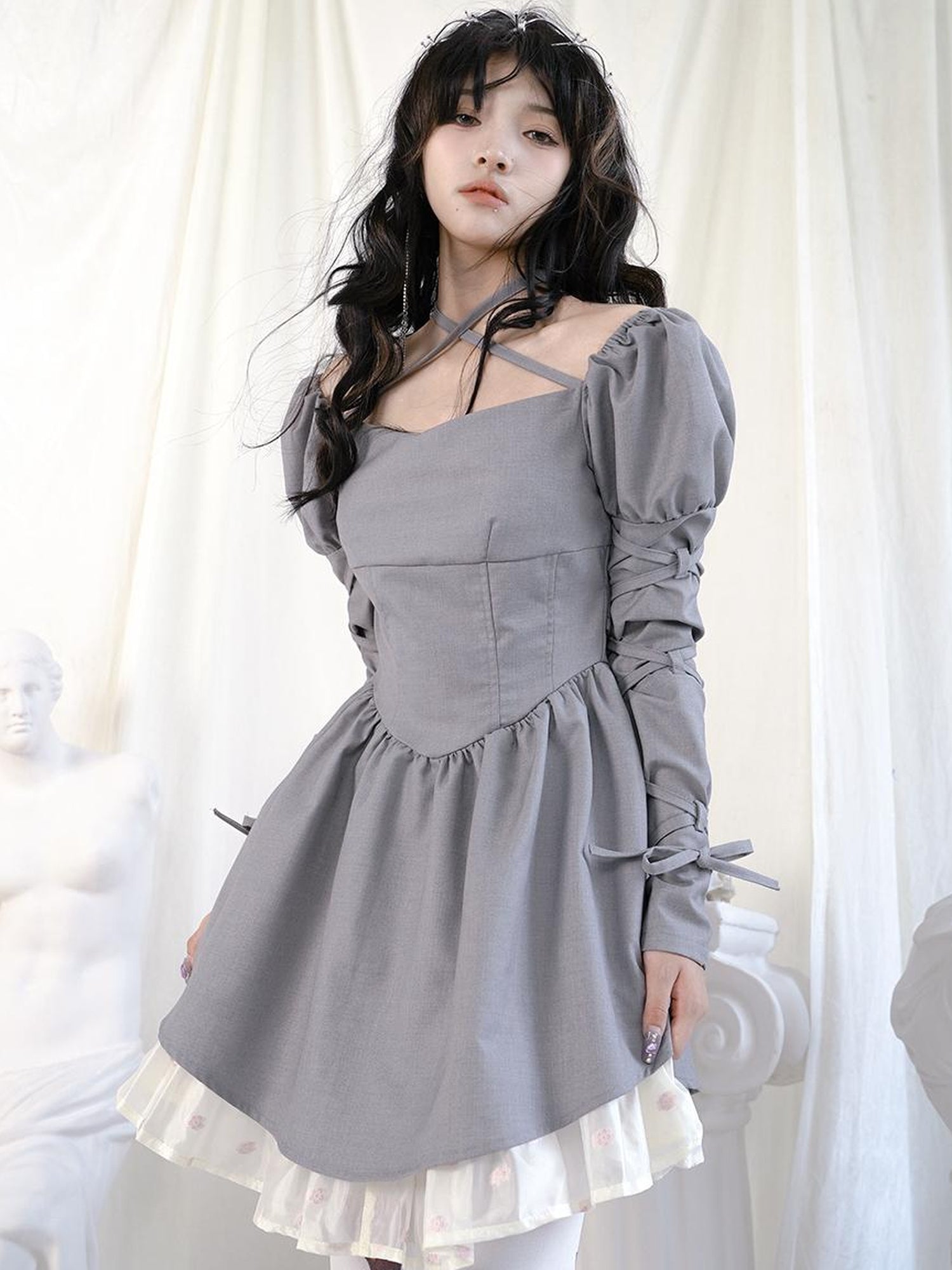 Daytoday Double Layer Bow Tie Bubble Sleeve Dress With Flared Hem