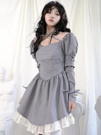 Daytoday Double Layer Bow Tie Bubble Sleeve Dress With Flared Hem