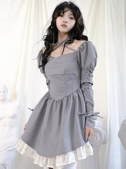 Double Layer Bow Tie Bubble Sleeve Dress With Flared Hem