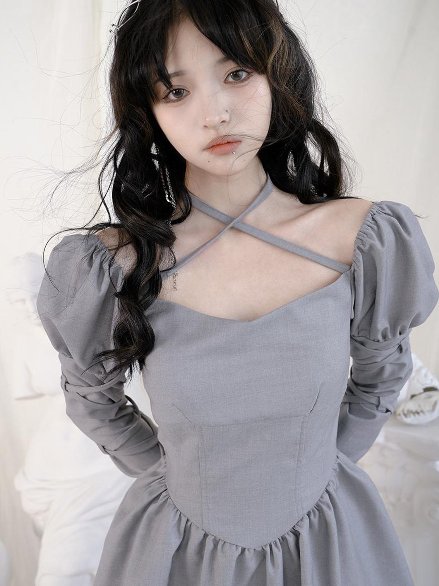 Daytoday Double Layer Bow Tie Bubble Sleeve Dress With Flared Hem
