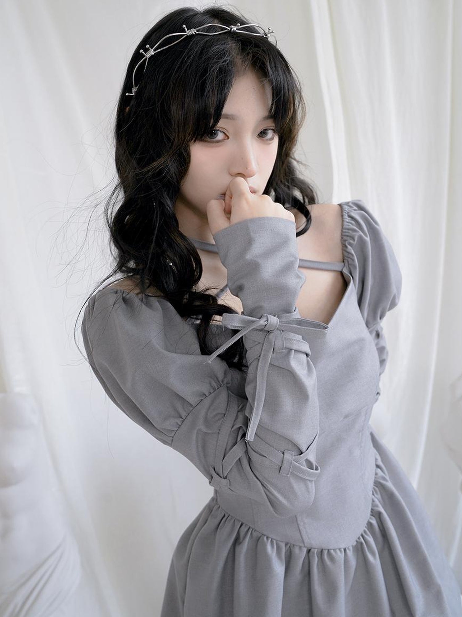 Daytoday Double Layer Bow Tie Bubble Sleeve Dress With Flared Hem