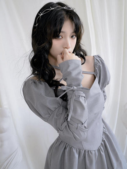Daytoday Double Layer Bow Tie Bubble Sleeve Dress With Flared Hem
