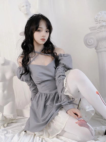 Double Layer Bow Tie Bubble Sleeve Dress With Flared Hem