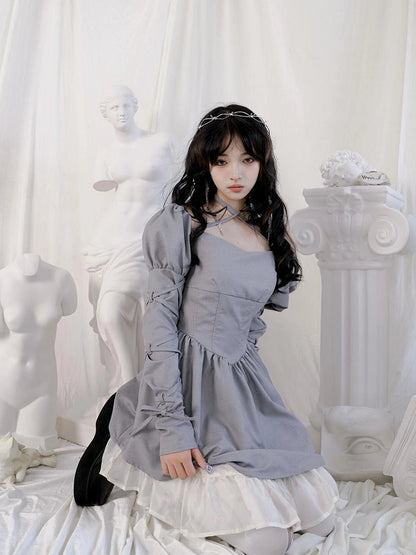 Double Layer Bow Tie Bubble Sleeve Dress With Flared Hem