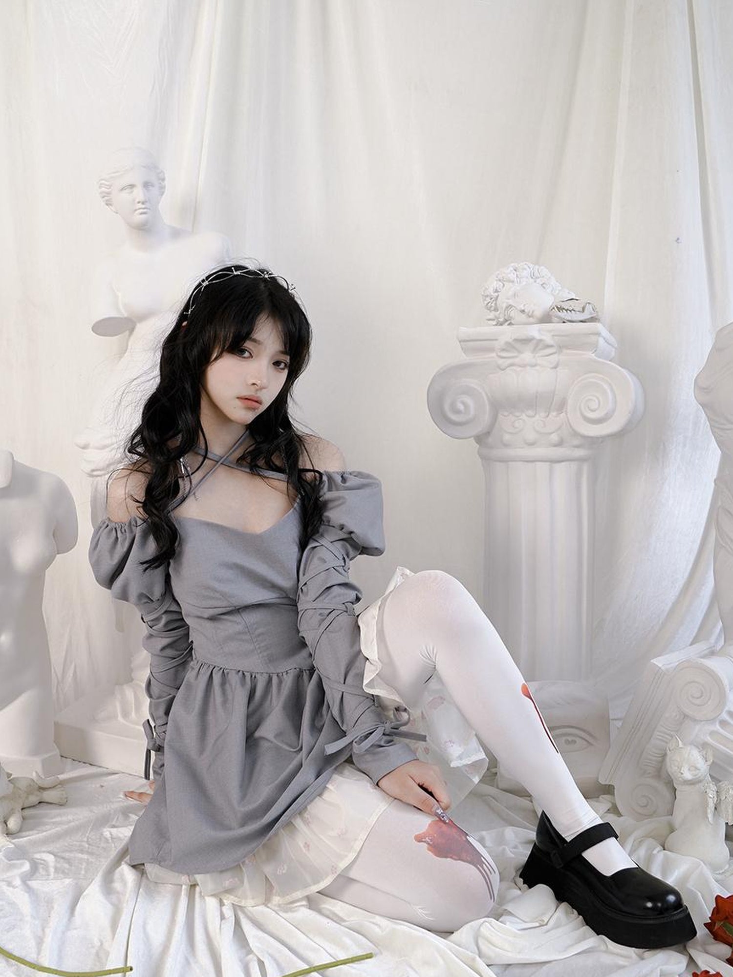Daytoday Double Layer Bow Tie Bubble Sleeve Dress With Flared Hem