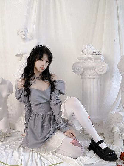 Double Layer Bow Tie Bubble Sleeve Dress With Flared Hem