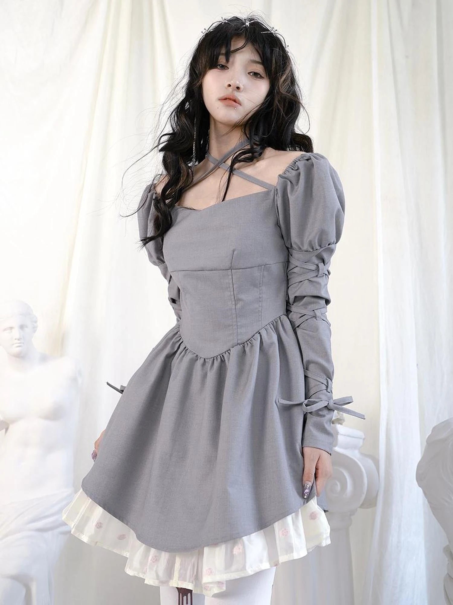 Double Layer Bow Tie Bubble Sleeve Dress With Flared Hem