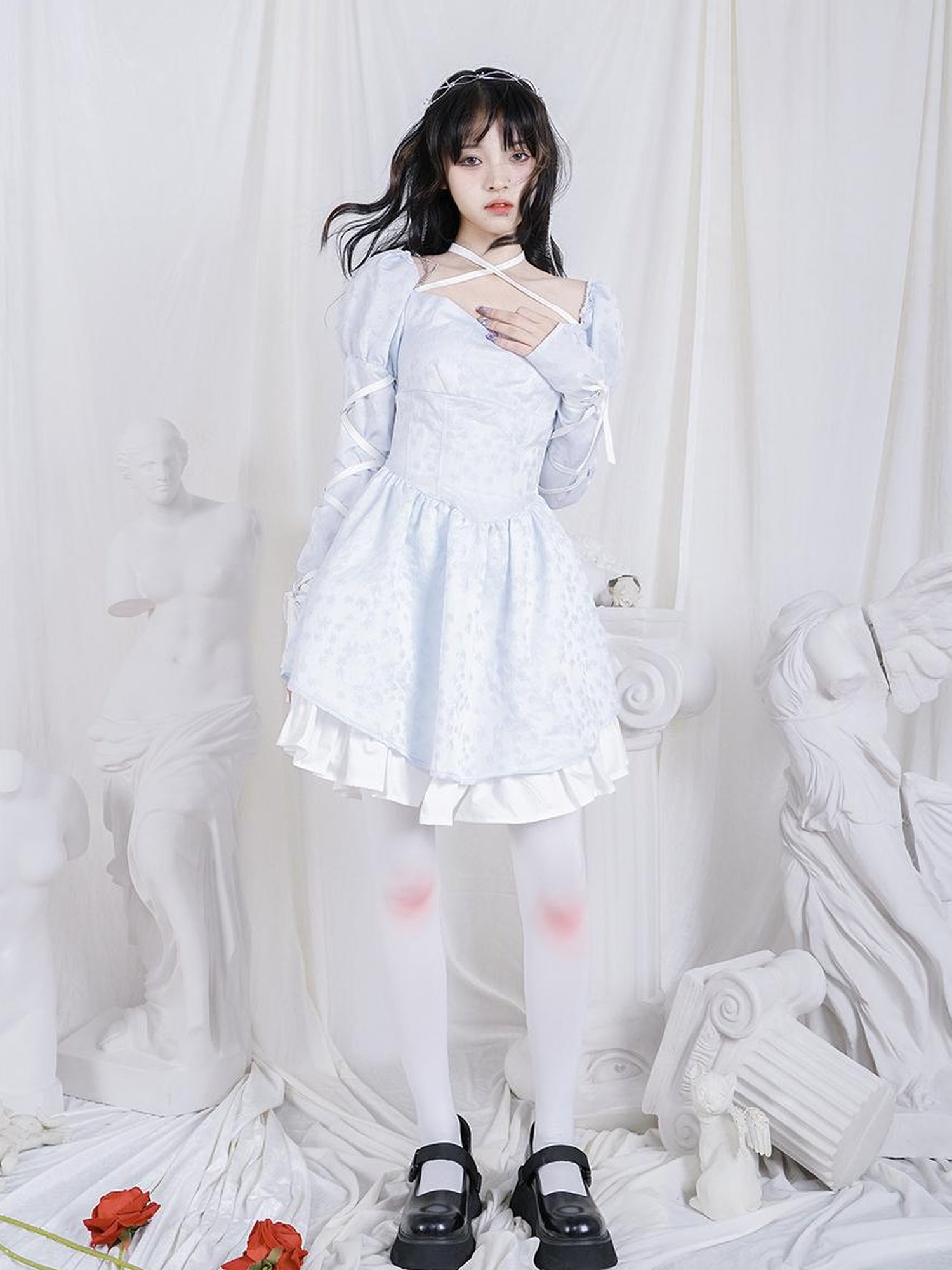 Daytoday Double Layer Bow Tie Bubble Sleeve Dress With Flared Hem