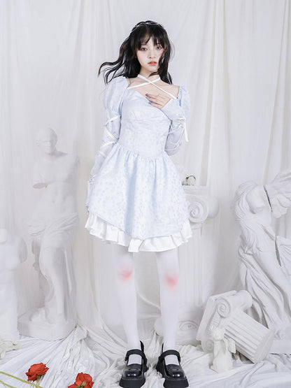 Daytoday Double Layer Bow Tie Bubble Sleeve Dress With Flared Hem
