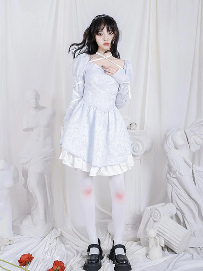 Double Layer Bow Tie Bubble Sleeve Dress With Flared Hem