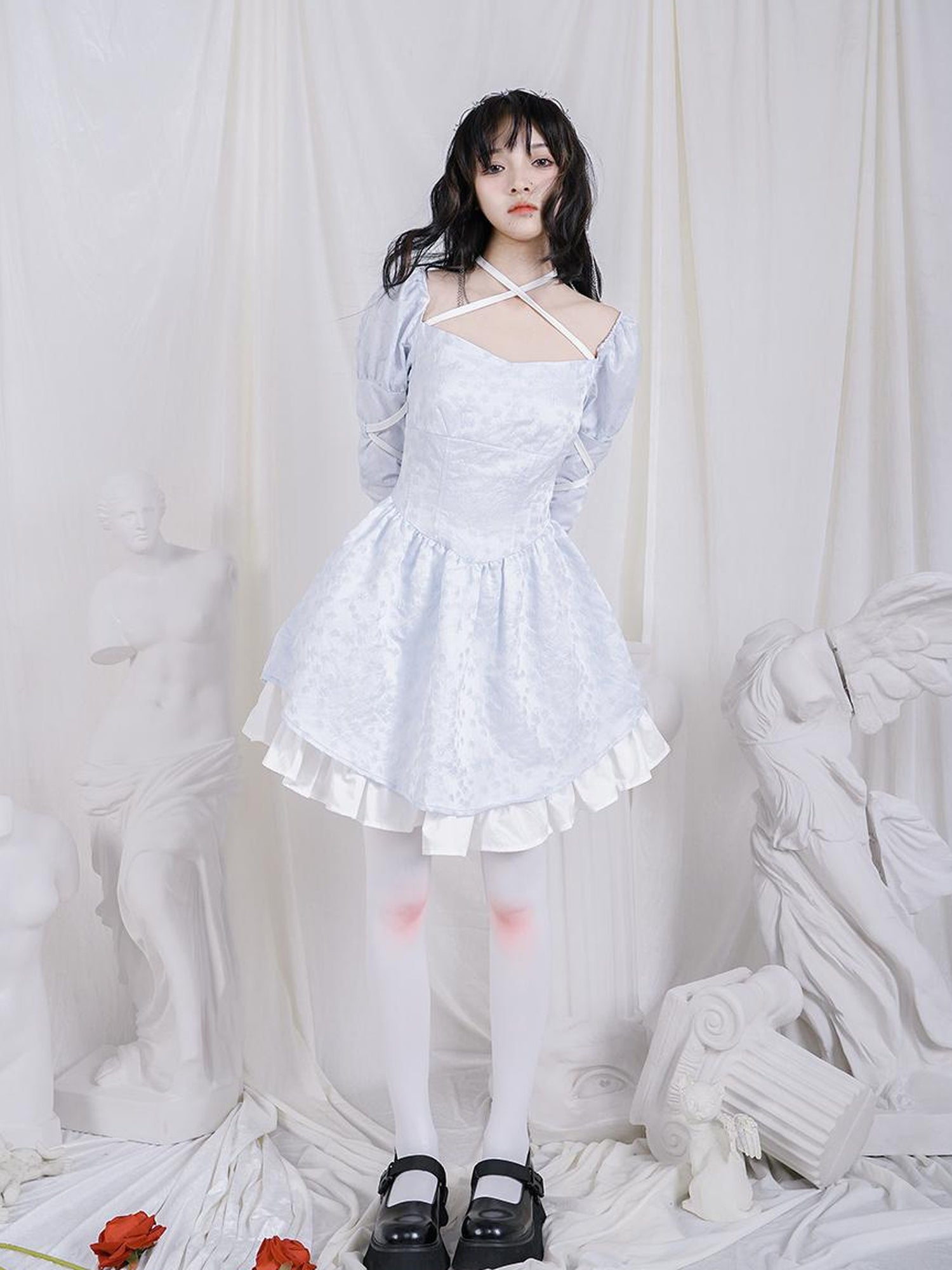 Daytoday Double Layer Bow Tie Bubble Sleeve Dress With Flared Hem