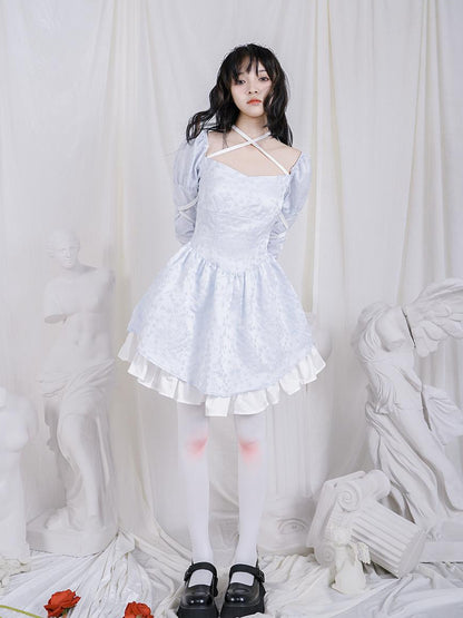 Daytoday Double Layer Bow Tie Bubble Sleeve Dress With Flared Hem