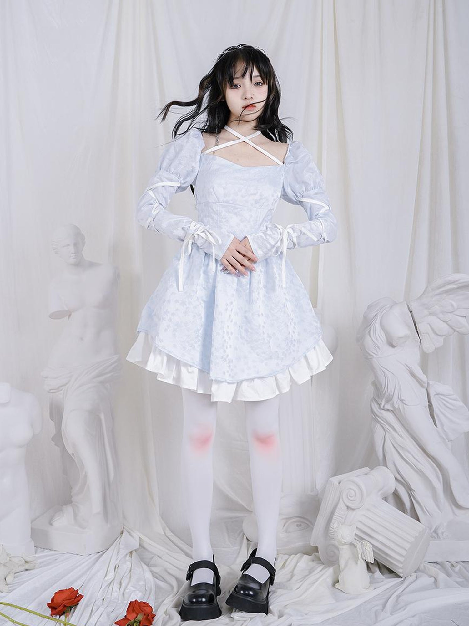 Daytoday Double Layer Bow Tie Bubble Sleeve Dress With Flared Hem