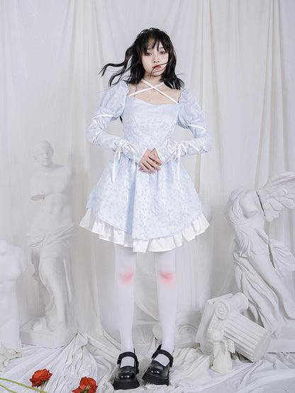 Daytoday Double Layer Bow Tie Bubble Sleeve Dress With Flared Hem