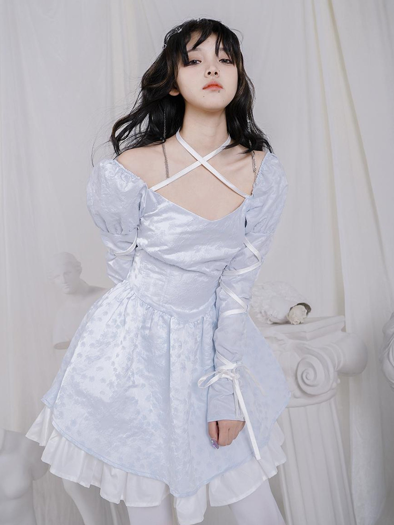 Daytoday Double Layer Bow Tie Bubble Sleeve Dress With Flared Hem