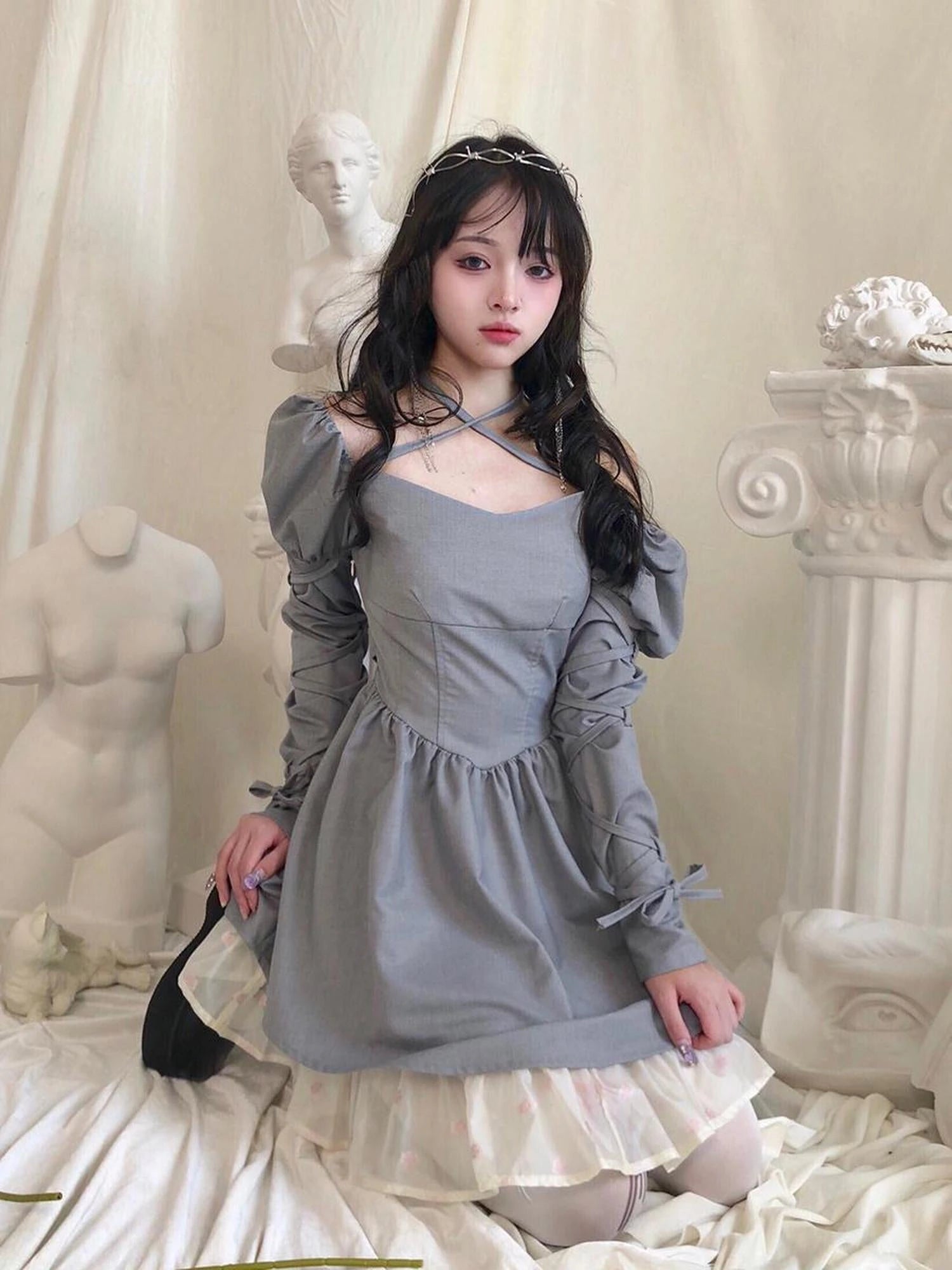 Double Layer Bow Tie Bubble Sleeve Dress With Flared Hem