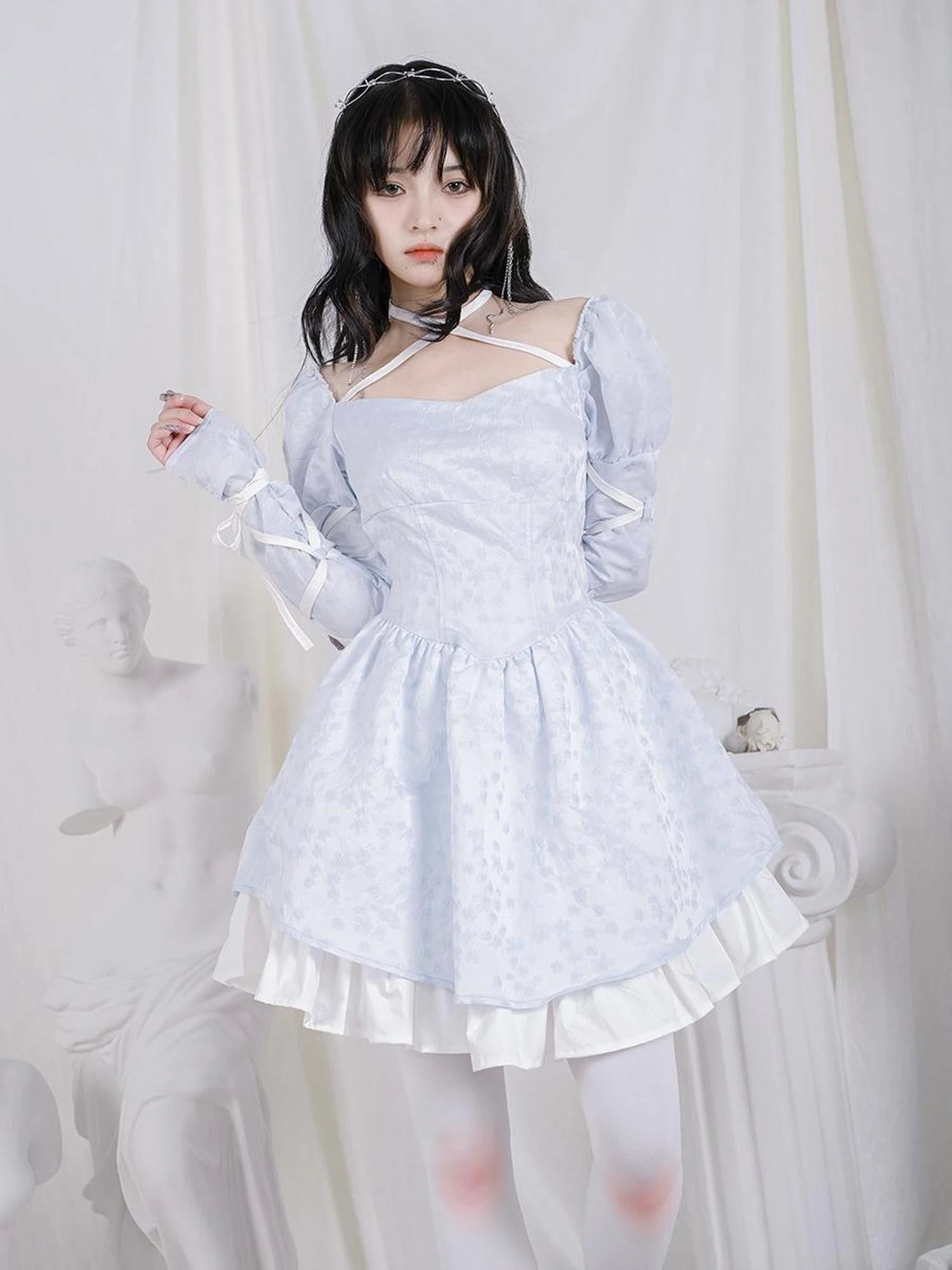 Double Layer Bow Tie Bubble Sleeve Dress With Flared Hem