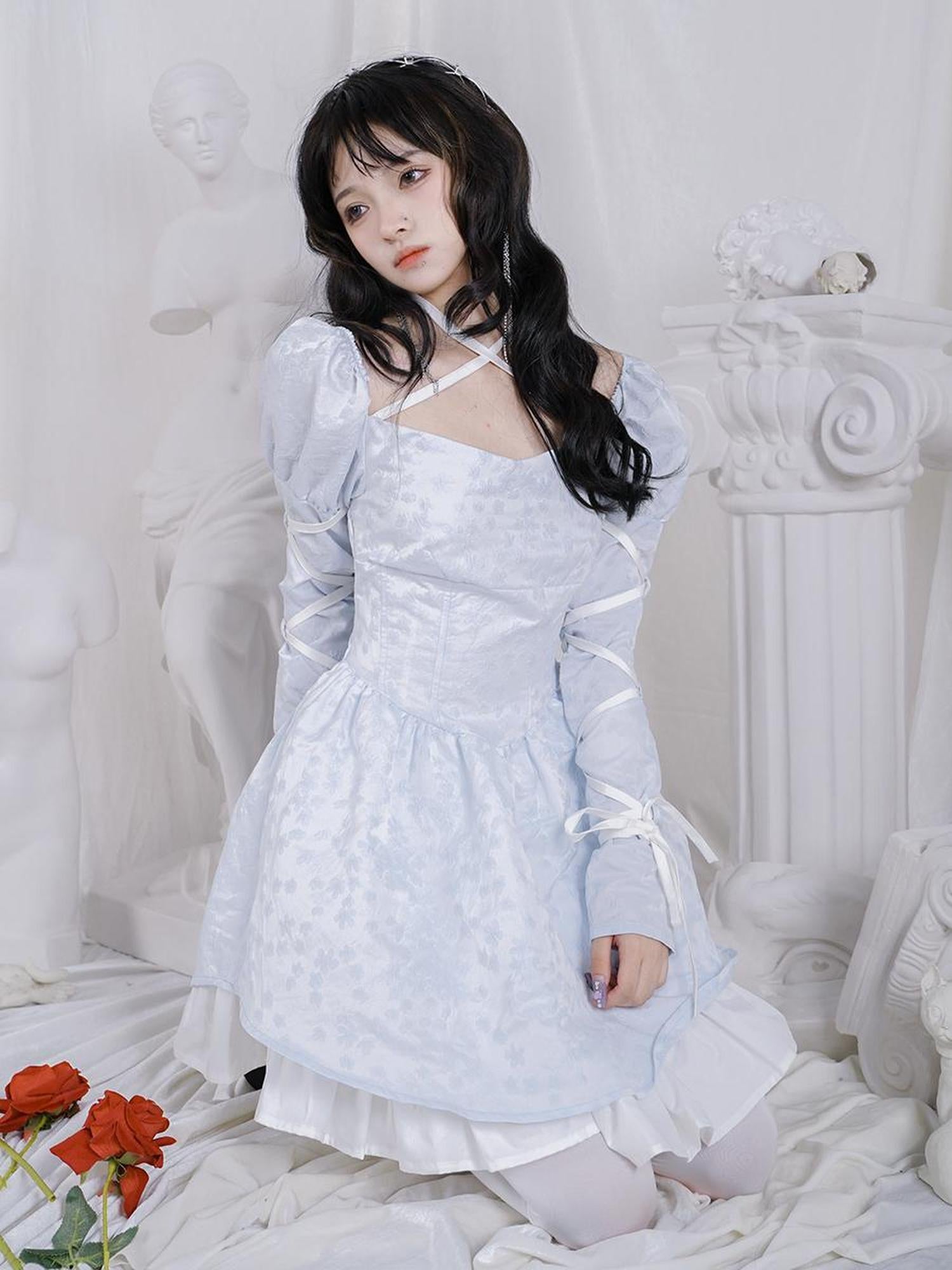 Daytoday Double Layer Bow Tie Bubble Sleeve Dress With Flared Hem