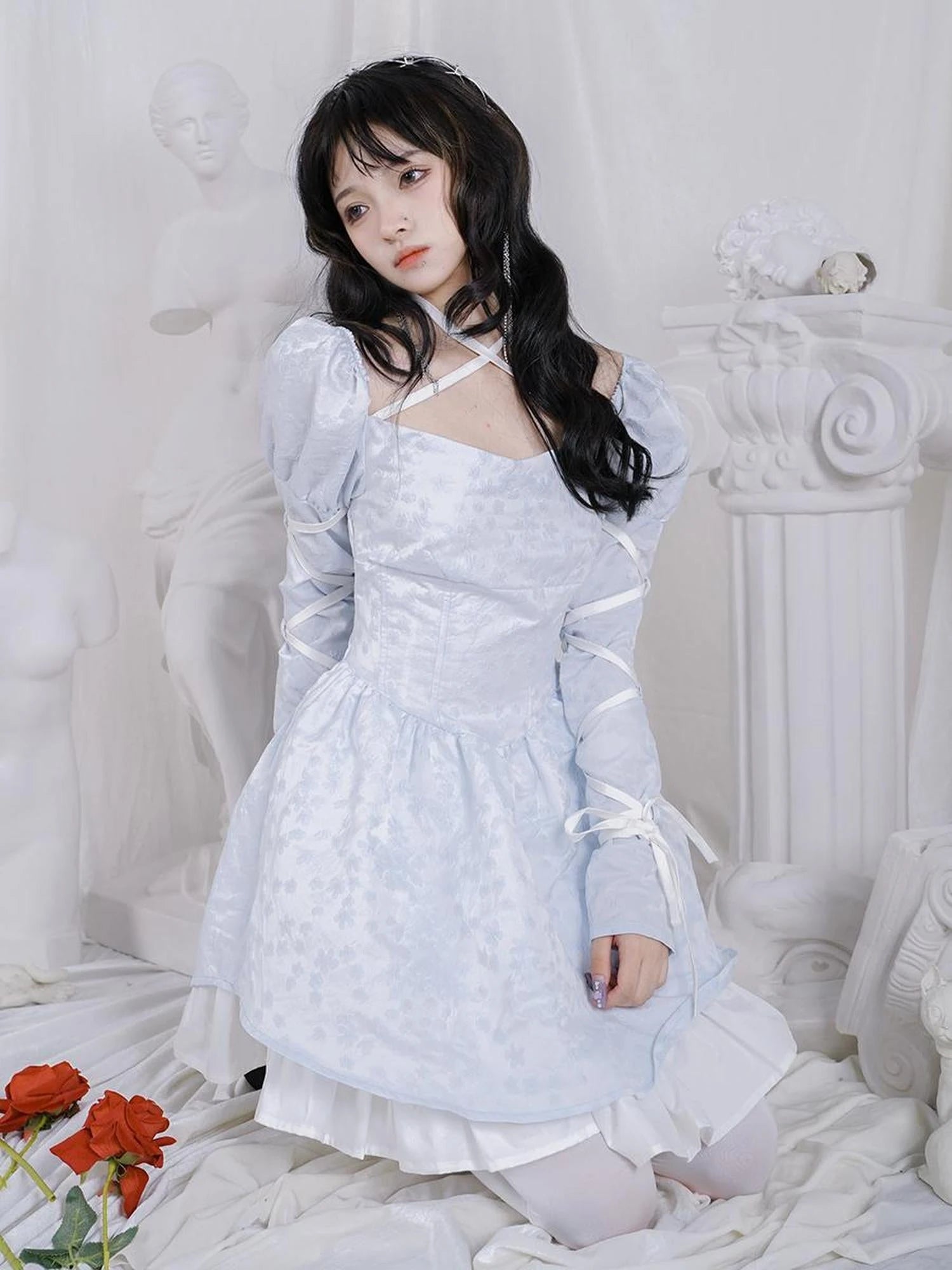 Double Layer Bow Tie Bubble Sleeve Dress With Flared Hem