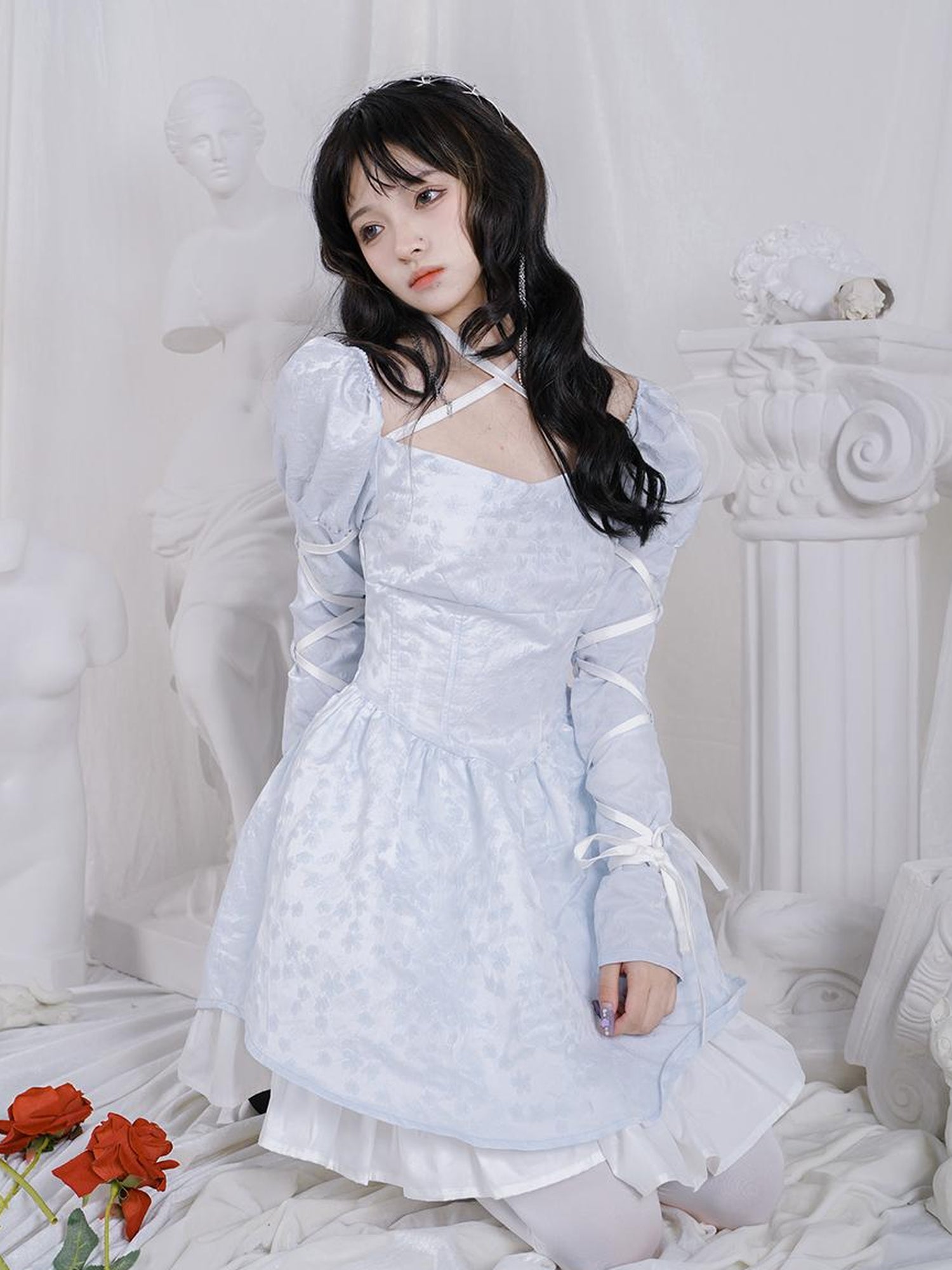 Daytoday Double Layer Bow Tie Bubble Sleeve Dress With Flared Hem