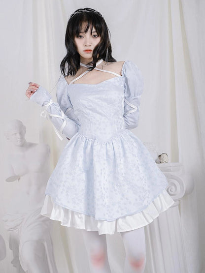 Double Layer Bow Tie Bubble Sleeve Dress With Flared Hem