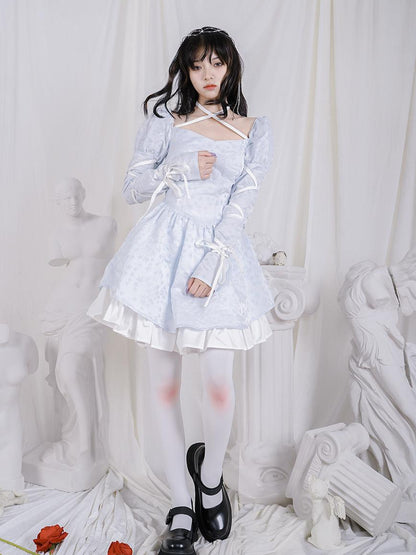 Daytoday Double Layer Bow Tie Bubble Sleeve Dress With Flared Hem