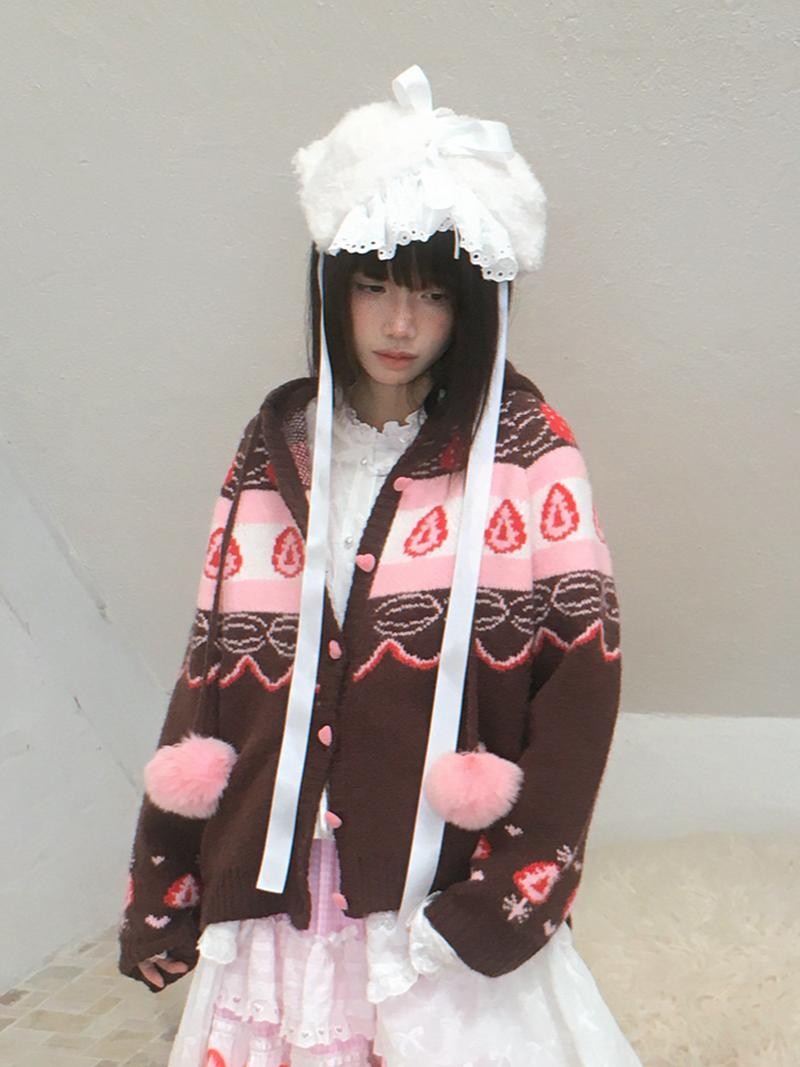 Daytoday Fair Isle Strawberry Fruit Hooded Knit Women&