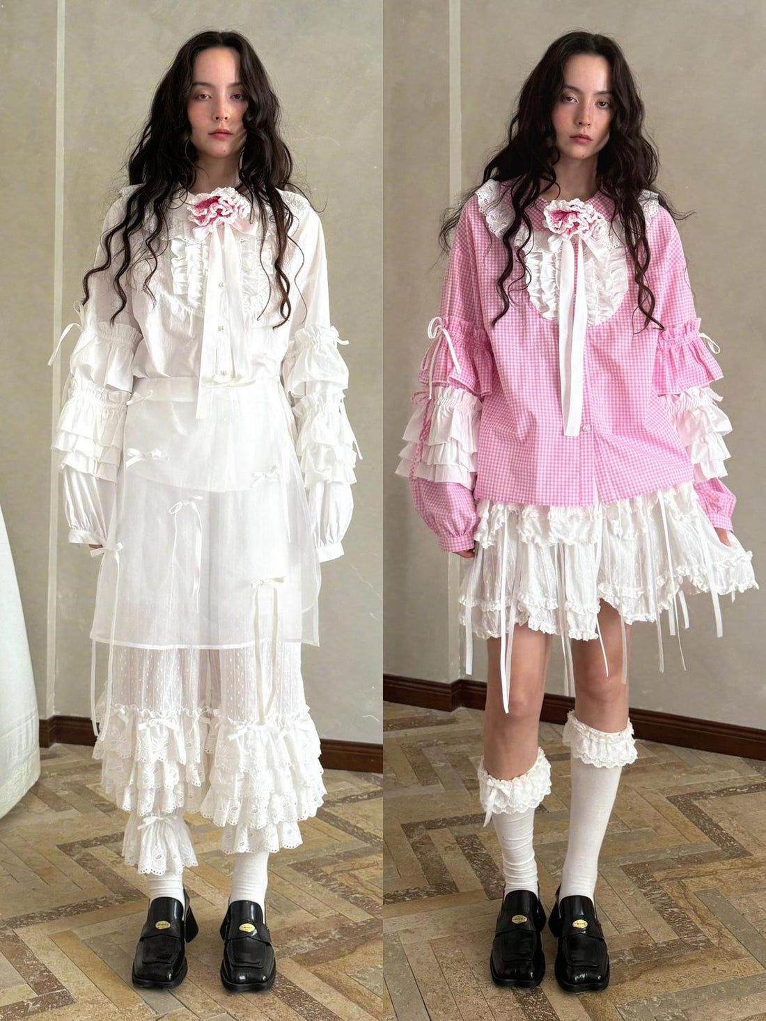 Daytoday Fairy Tale Lace Trim Floral Print Blouse V Neck T Shirt Long Sleeve