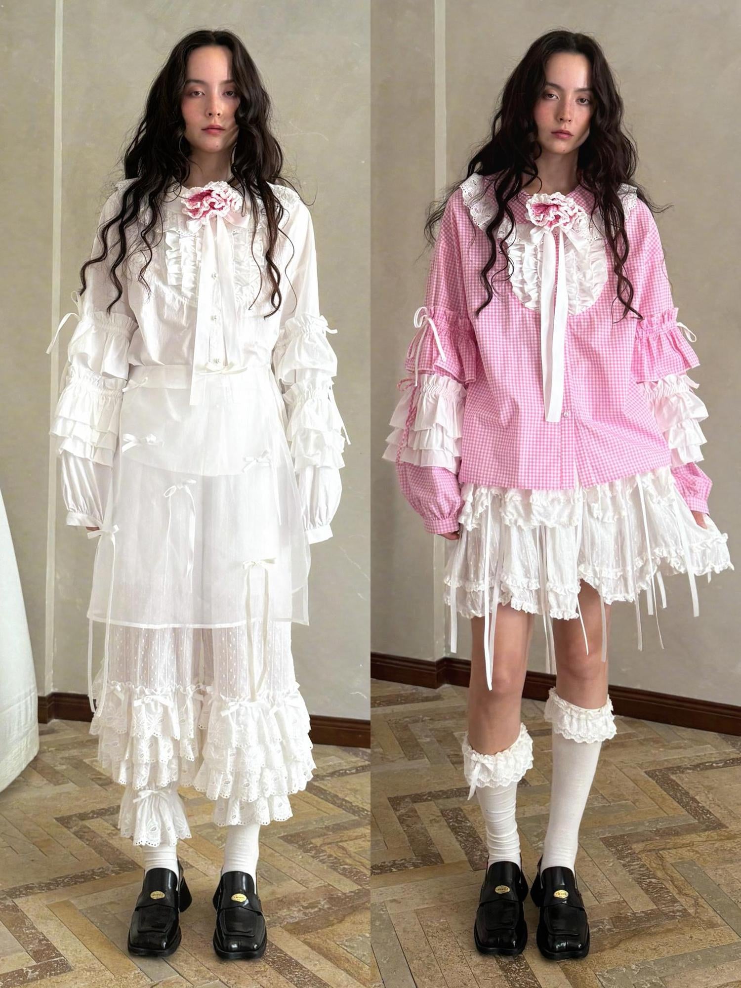 Daytoday Fairy Tale Lace Trim Floral Print Blouse V Neck T Shirt Long Sleeve