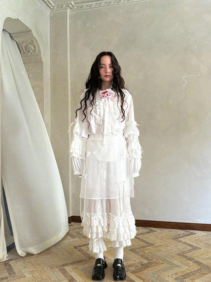 Daytoday Fairy Tale Lace Trim Floral Print Blouse V Neck T Shirt Long Sleeve