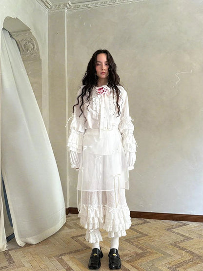 Fairy Tale Lace Trim Floral Print Blouse V Neck T Shirt Long Sleeve