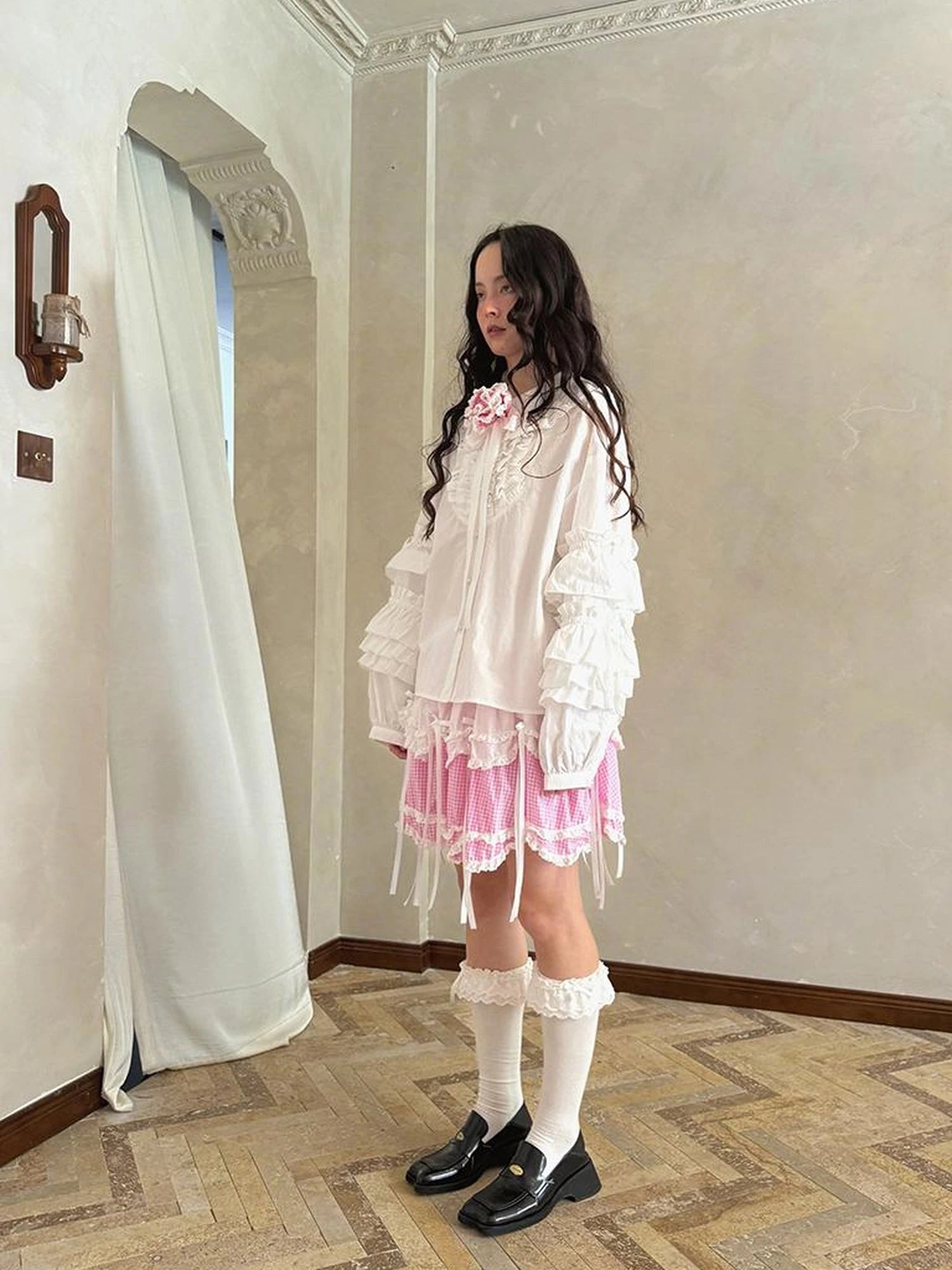 Fairy Tale Lace Trim Floral Print Blouse V Neck T Shirt Long Sleeve