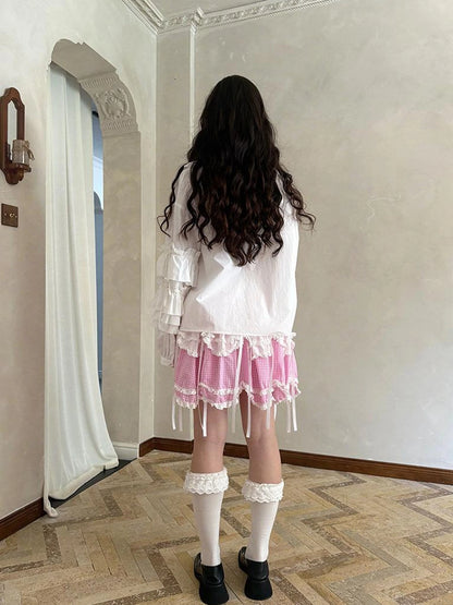 Fairy Tale Lace Trim Floral Print Blouse V Neck T Shirt Long Sleeve