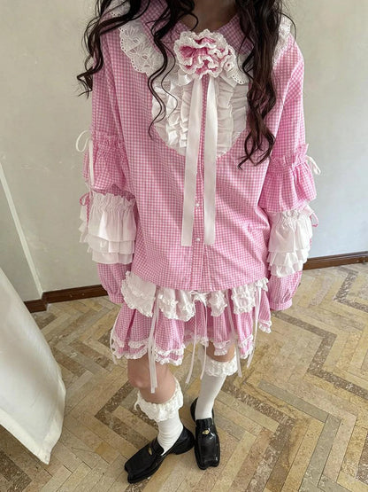 Fairy Tale Lace Trim Floral Print Blouse V Neck T Shirt Long Sleeve