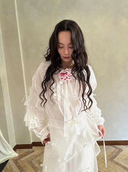 Fairy Tale Lace Trim Floral Print Blouse V Neck T Shirt Long Sleeve