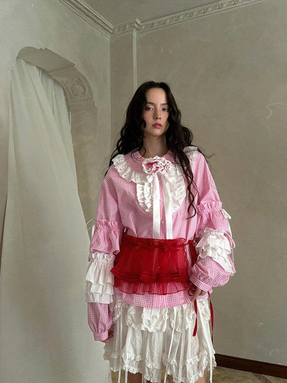 Fairy Tale Lace Trim Floral Print Blouse V Neck T Shirt Long Sleeve