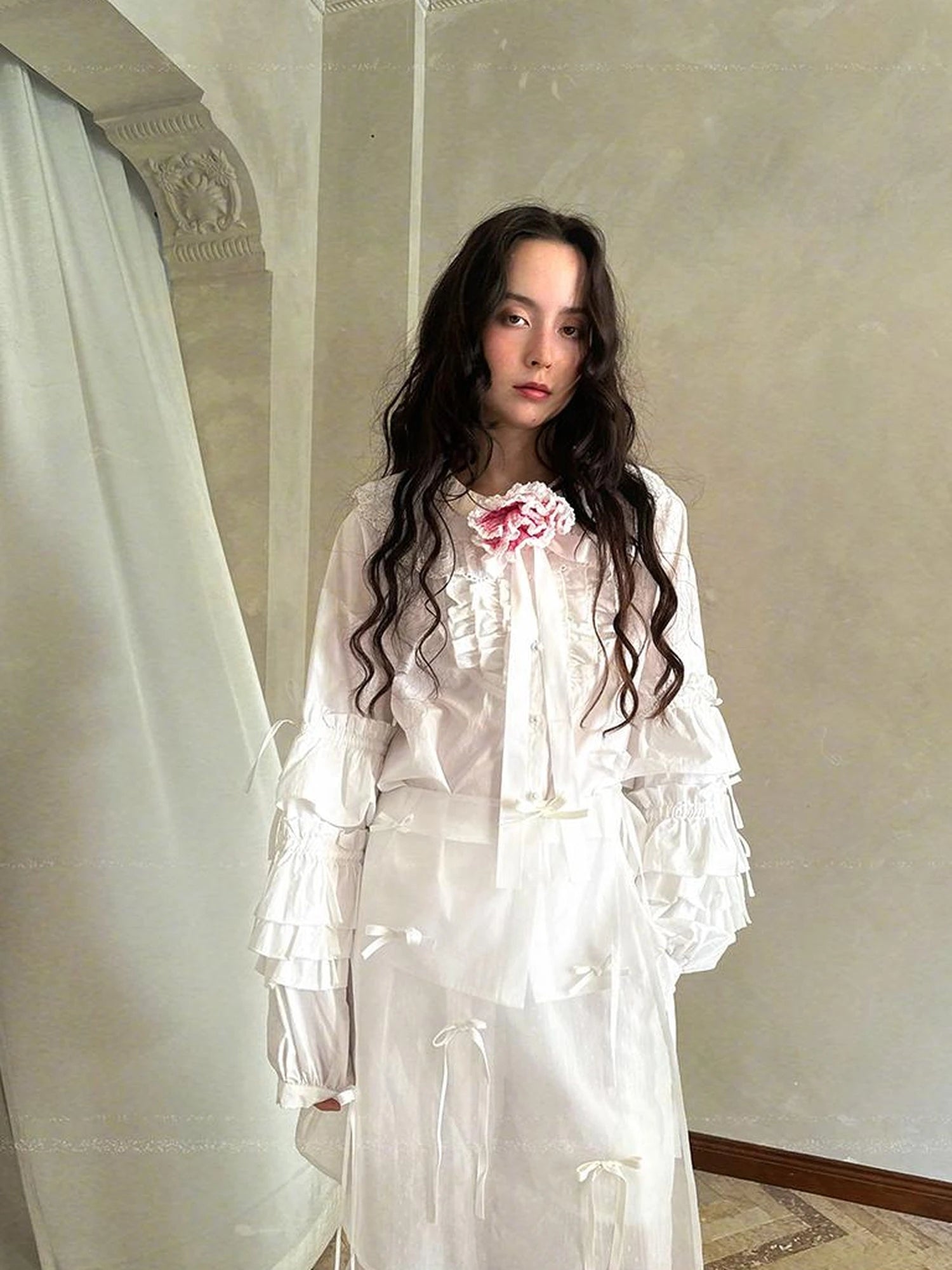 Fairy Tale Lace Trim Floral Print Blouse V Neck T Shirt Long Sleeve