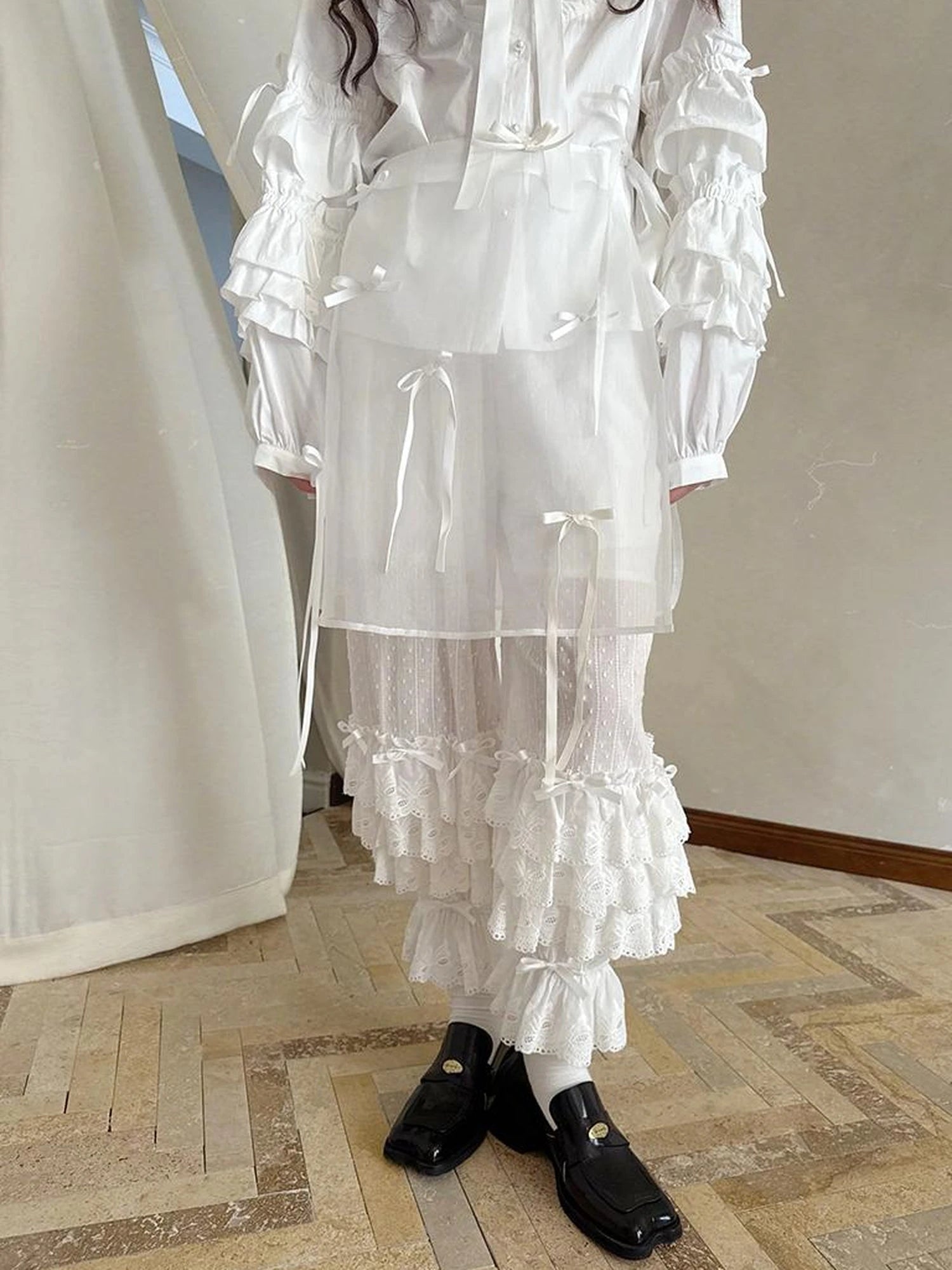 Fairy Tale Lace Trim Floral Print Blouse V Neck T Shirt Long Sleeve