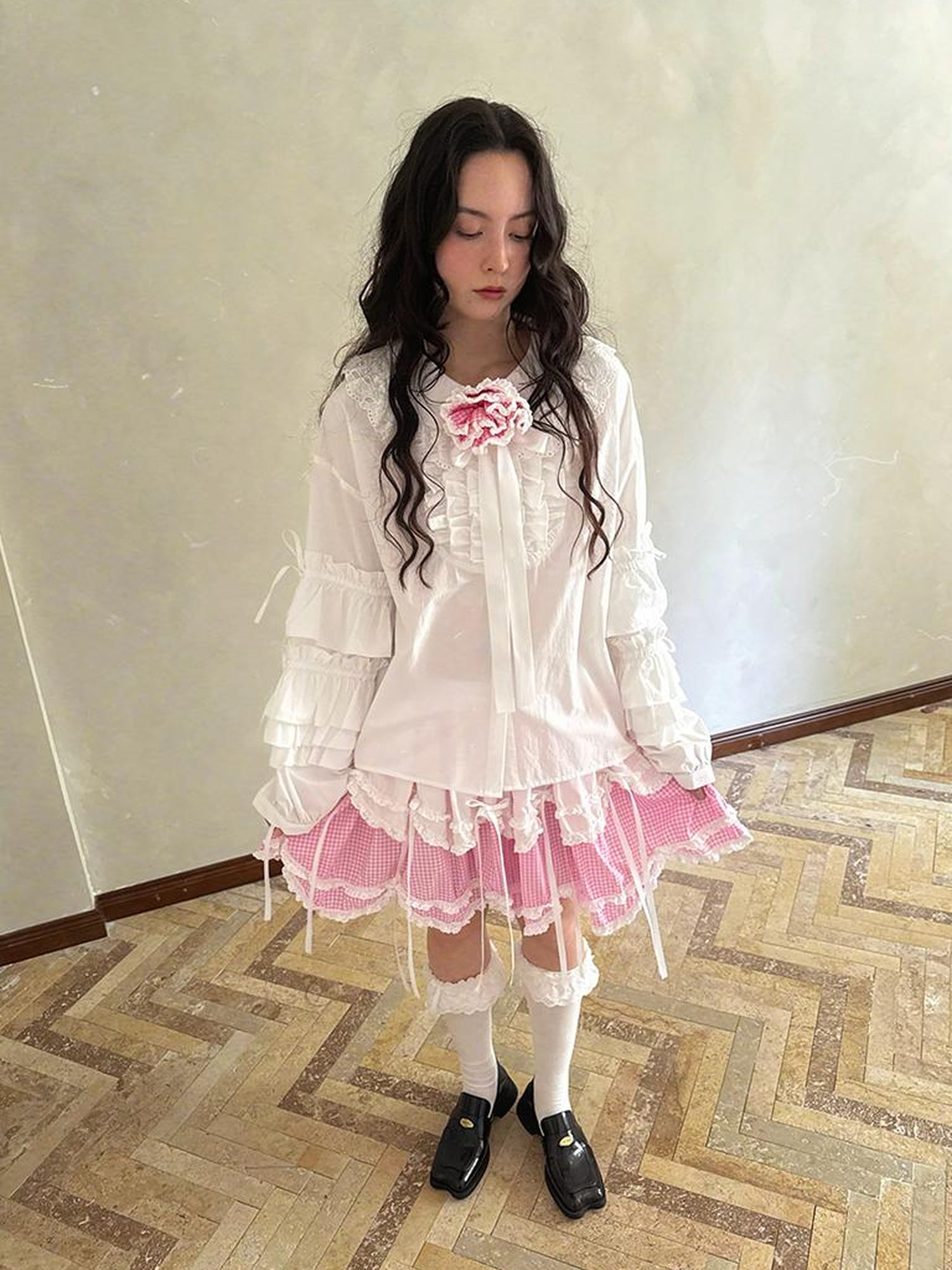 Daytoday Fairy Tale Lace Trim Floral Print Blouse V Neck T Shirt Long Sleeve