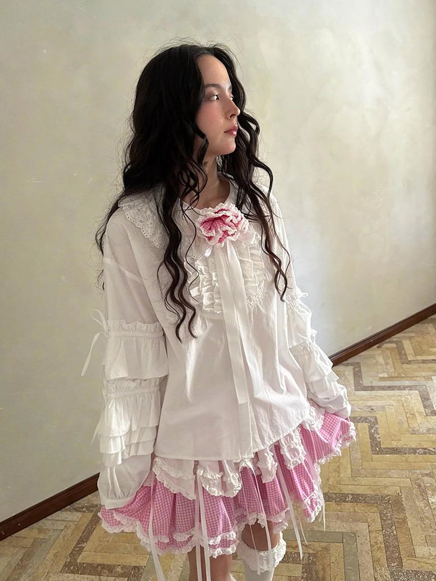 Fairy Tale Lace Trim Floral Print Blouse V Neck T Shirt Long Sleeve