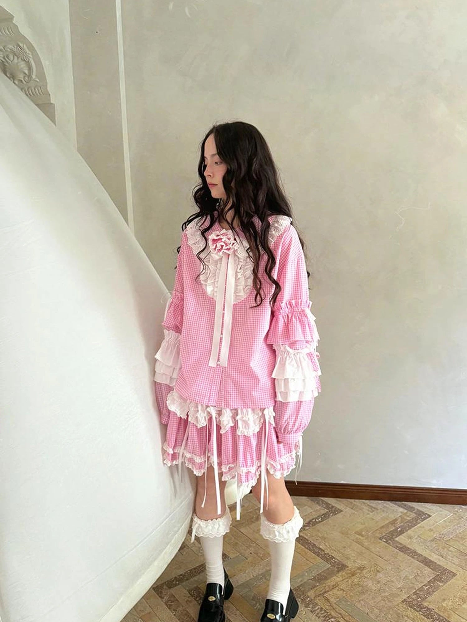 Fairy Tale Lace Trim Floral Print Blouse V Neck T Shirt Long Sleeve