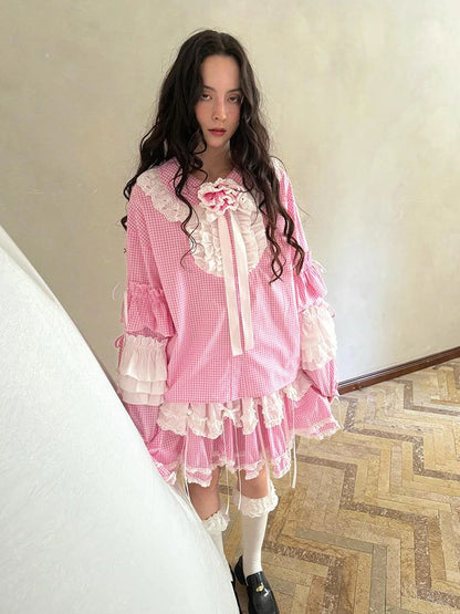 Fairy Tale Lace Trim Floral Print Blouse V Neck T Shirt Long Sleeve