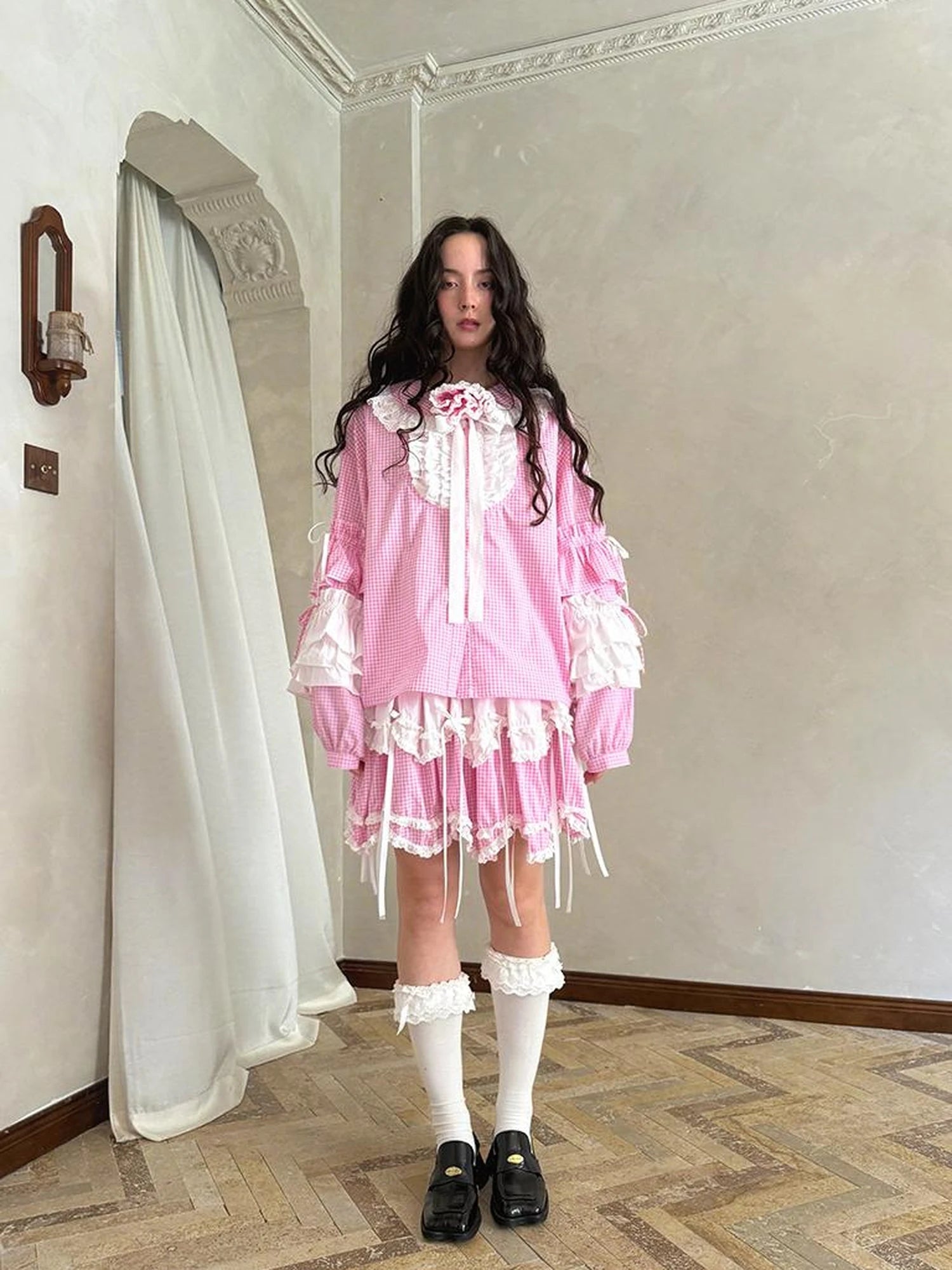 Fairy Tale Lace Trim Floral Print Blouse V Neck T Shirt Long Sleeve