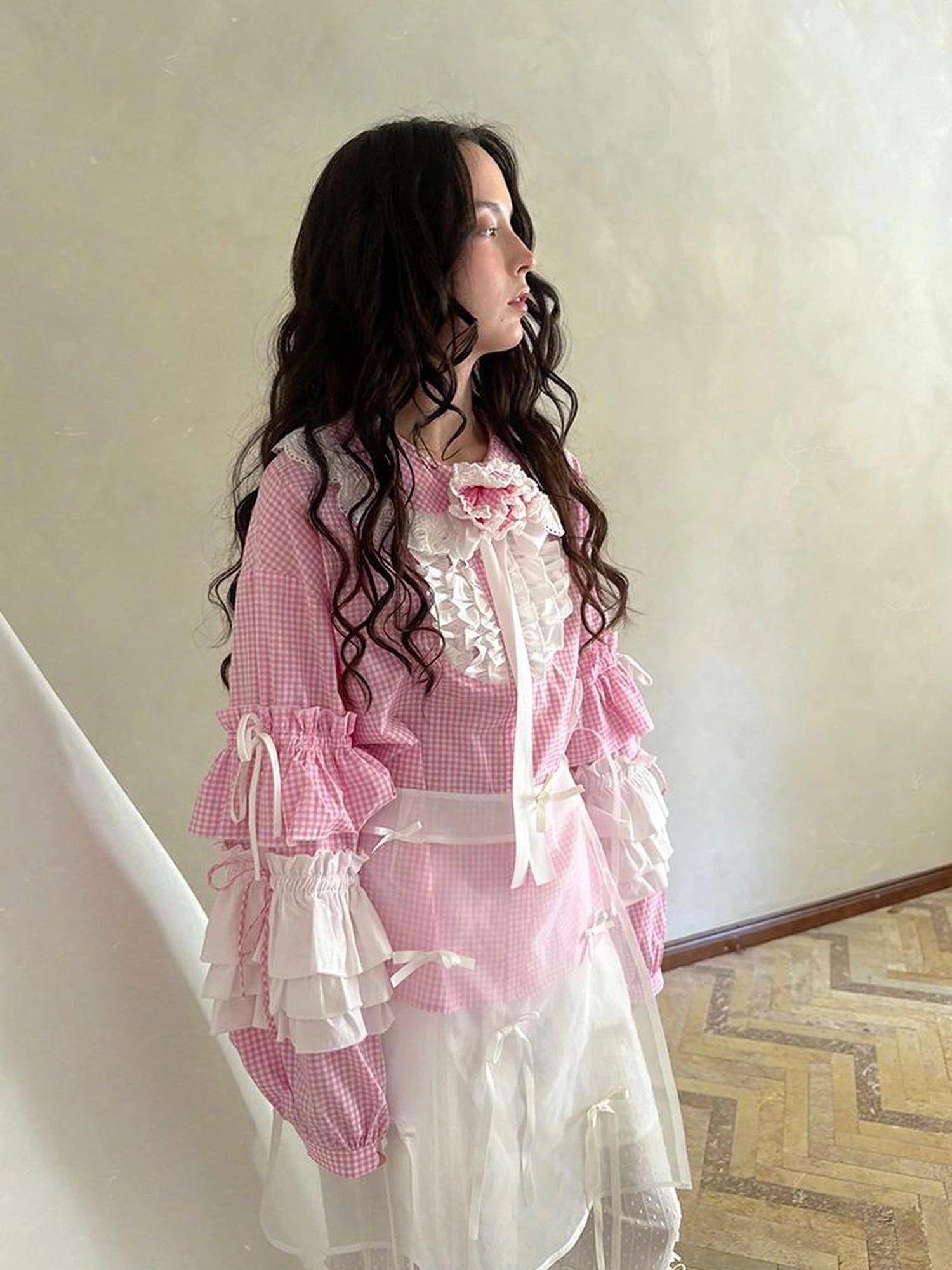 Fairy Tale Lace Trim Floral Print Blouse V Neck T Shirt Long Sleeve