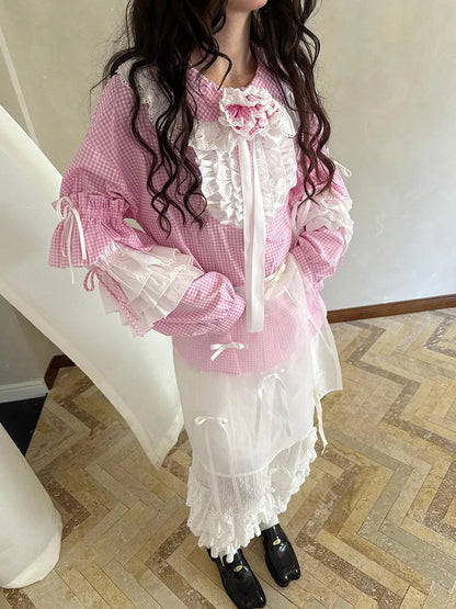 Fairy Tale Lace Trim Floral Print Blouse V Neck T Shirt Long Sleeve