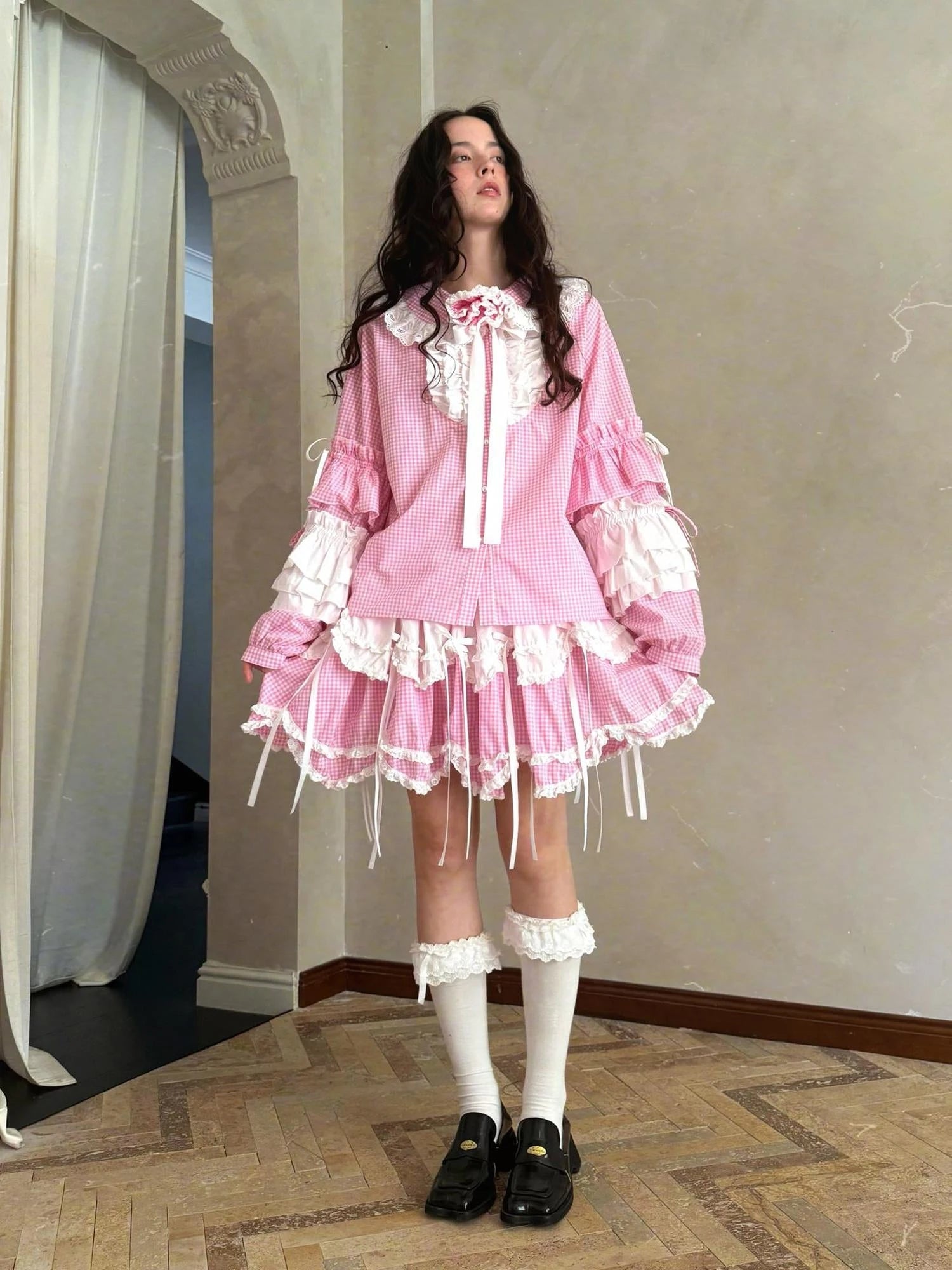 Fairy Tale Lace Trim Floral Print Blouse V Neck T Shirt Long Sleeve